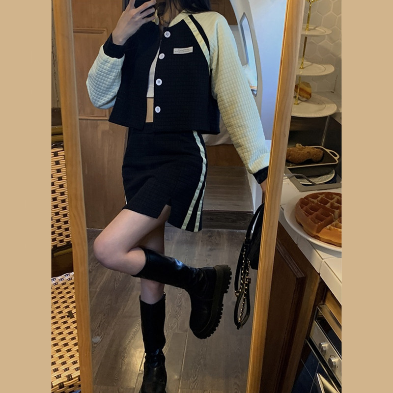 学院风棒球服套装女春季新款小个子甜酷风炸街休闲运动裙子两件套