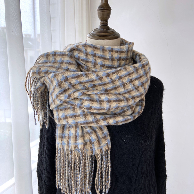 Women‘s Scarf Wholesale Winter 2023 New Plaid Cashmere-like Warm Tassel Shawl Thickened Student Fashion Scarf