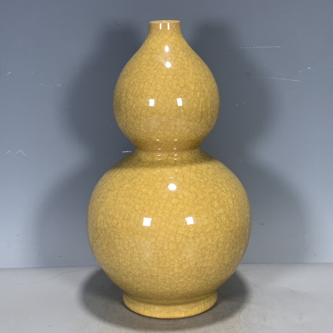 古玩杂项古董旧货 官窑冰裂纹开片单色釉黄釉葫芦赏瓶收藏品-阿里巴巴