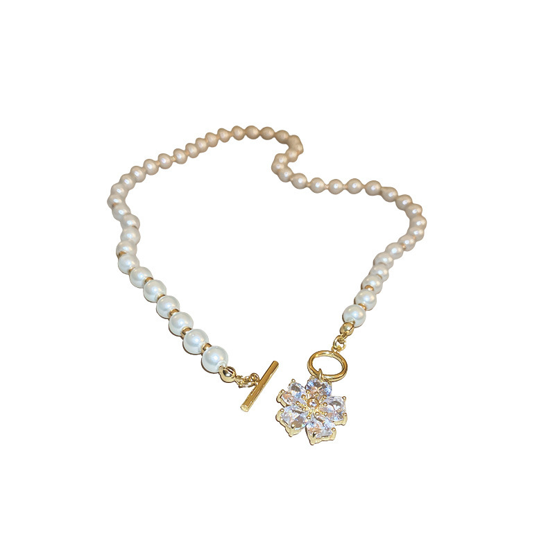 French Retro Diamond Pearl Flower Lovely Opal Necklace Fashionable Light Luxury Clavicle Chain High-Grade Necklace for Women