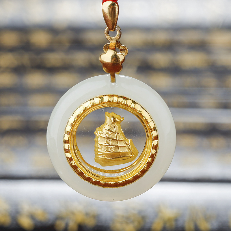 正品天然和田玉镶au999黄金吊坠加厚24k纯金 时来运转帆船吊坠
