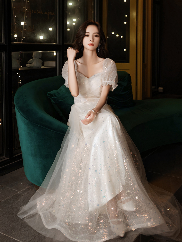 白色晚礼服裙女2022新款夏季宴会气质主持人年会惊艳礼服学生艺考