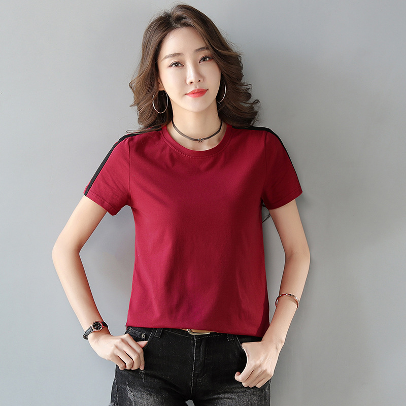 酒红色短袖t恤女宽松2022韩版夏天新款纯棉圆领速干大码休闲上衣