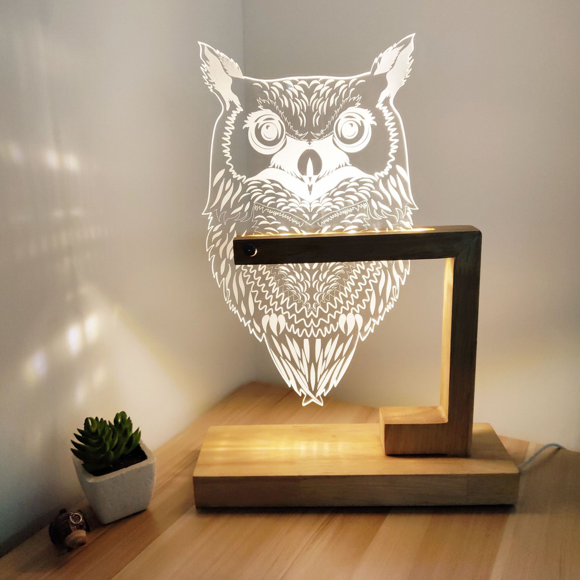 猫头鹰小夜灯创意猫头鹰木头灯3d立体创意台灯 亚克力led小夜灯