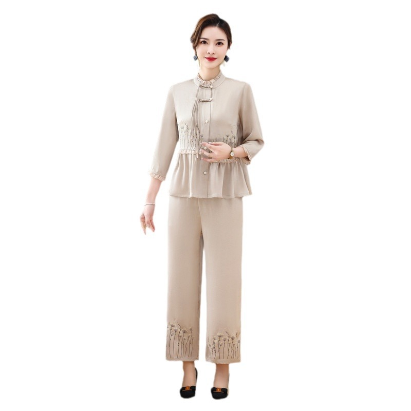 2024 Spring and Summer Middle-Aged and Elderly Women's Mid-Sleeve Shirt Suit Temperament plus Size Mother's Wear High Quality Belly Covering Suit for Women