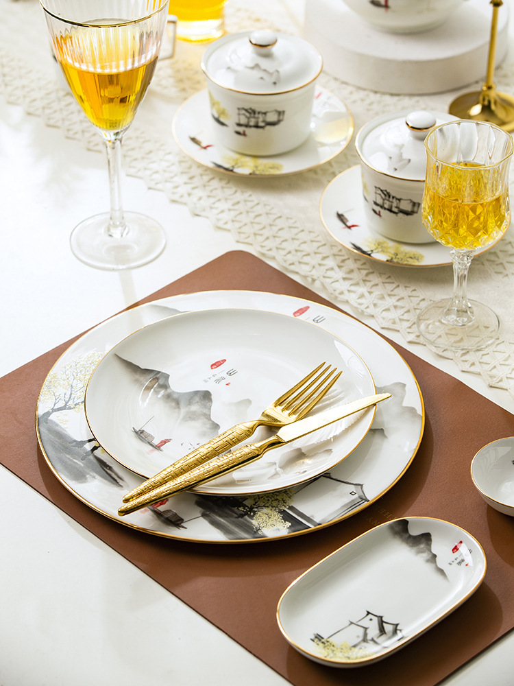 星级酒店私人会所摆台餐具套装景德镇新中式骨瓷碗盘碟勺可印logo