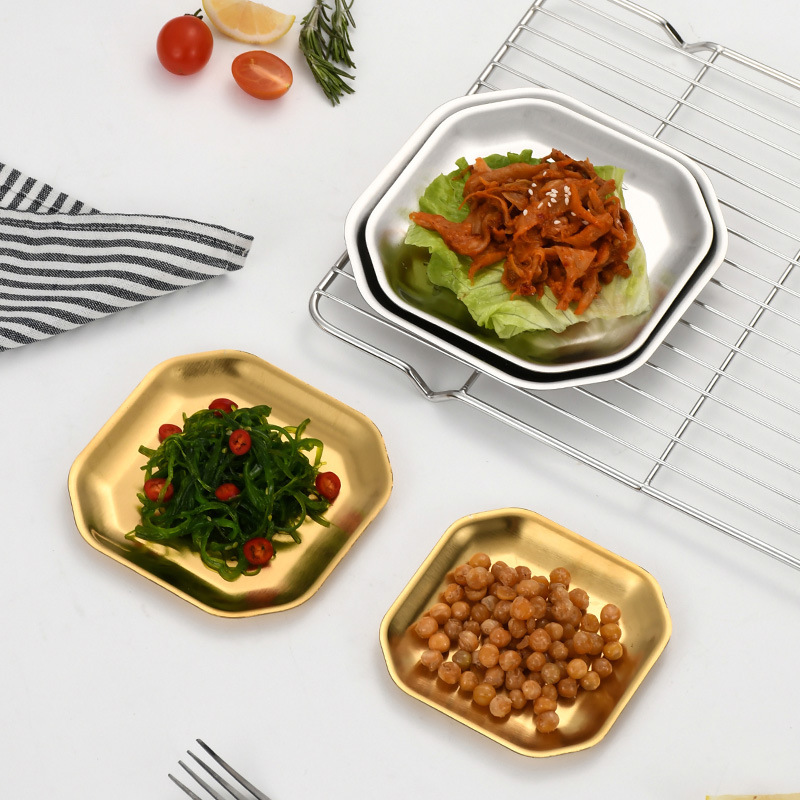 304 Korean-Style Stainless Steel Octagonal Dish Square Plate Tableware Golden Barbecue Plate Pickle Dish Creative Dish