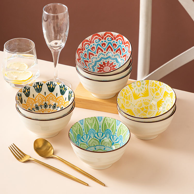 波西米亚 4.5英寸螺纹碗日式釉下彩米饭碗陶瓷复古家用甜品小号碗