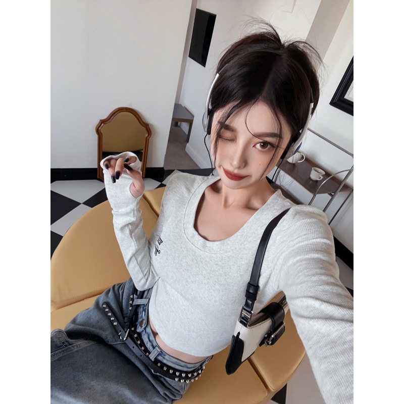 6535 Cotton Hot Girl Stretch Long Sleeve T-shirt Female Autumn Tight High Waist Navel Print Letter Jacket Foreign Trade Wholesale