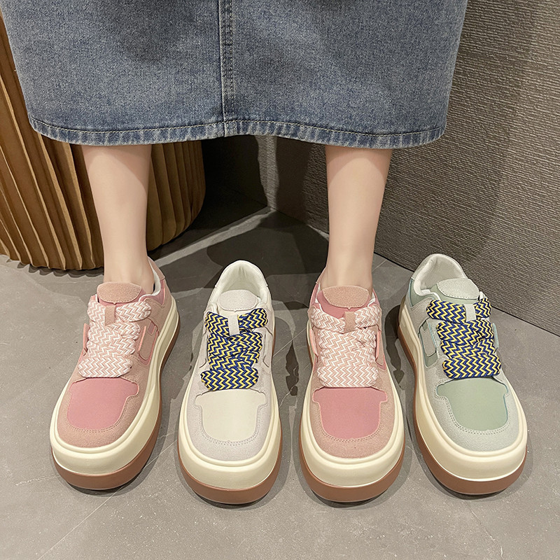 厚底休闲面包鞋女2022春季新款韩版圆头系带学生运动板鞋一件代发