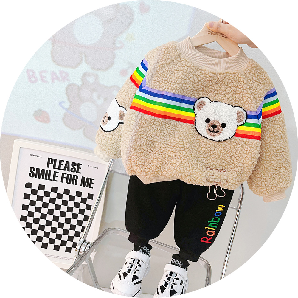 爱创服饰2023冬季新品 儿童动物套装 毛毛彩虹羊套装 外贸童装