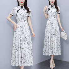 新中式国风改良旗袍连衣裙 新款高端气质盘扣印花短袖中长款裙子