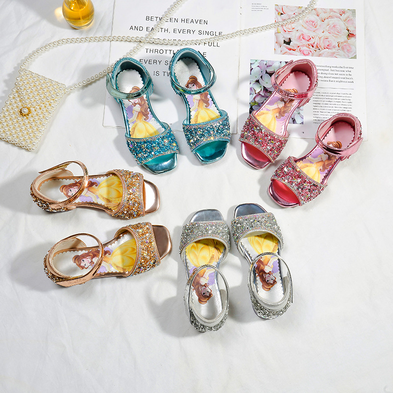 女童凉鞋水晶鞋小高跟公主鞋2021夏季新款中大童安娜公主露趾凉鞋