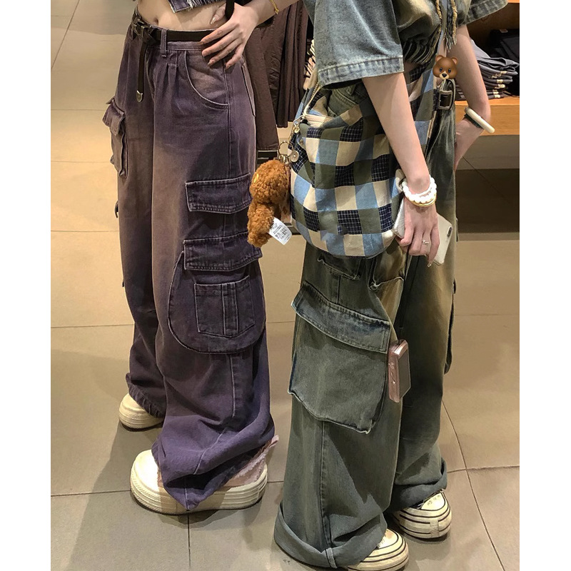 Jinqian 2023 New Style "Workwear Ceiling" Retro Distressed Large Pocket Jeans Trousers All-Matching Wide Leg