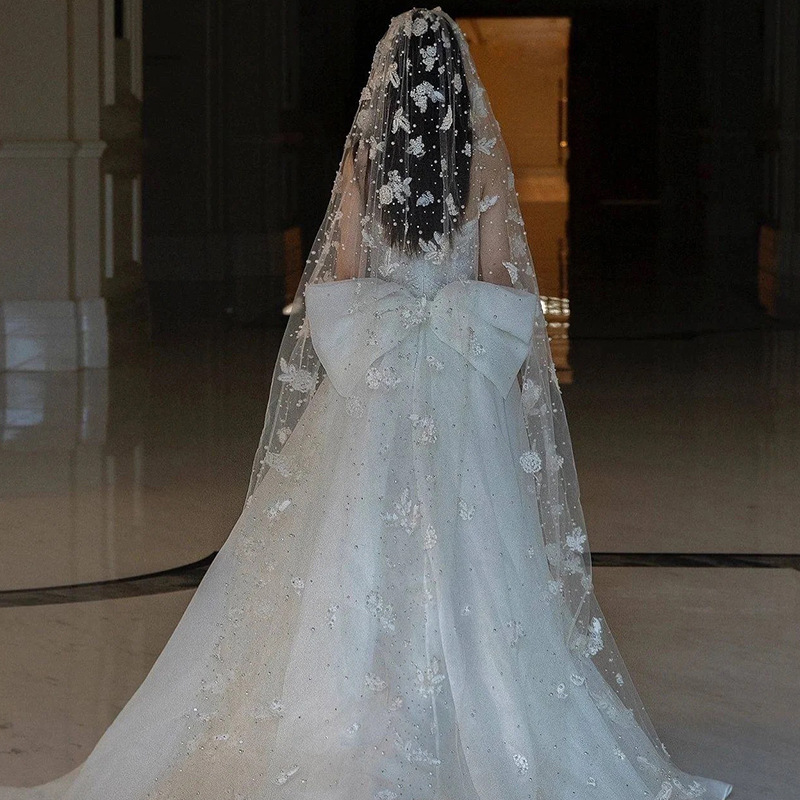 新娘头纱主婚纱重工珍珠蕾丝花朵奢华复古头饰3.5米长