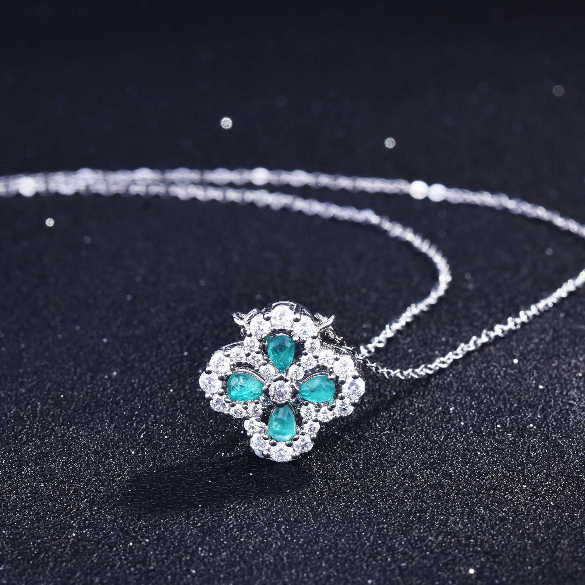 新款彩宝吊坠仿天然帕拉伊巴项链 微镶满钻水滴型四叶草花朵项链