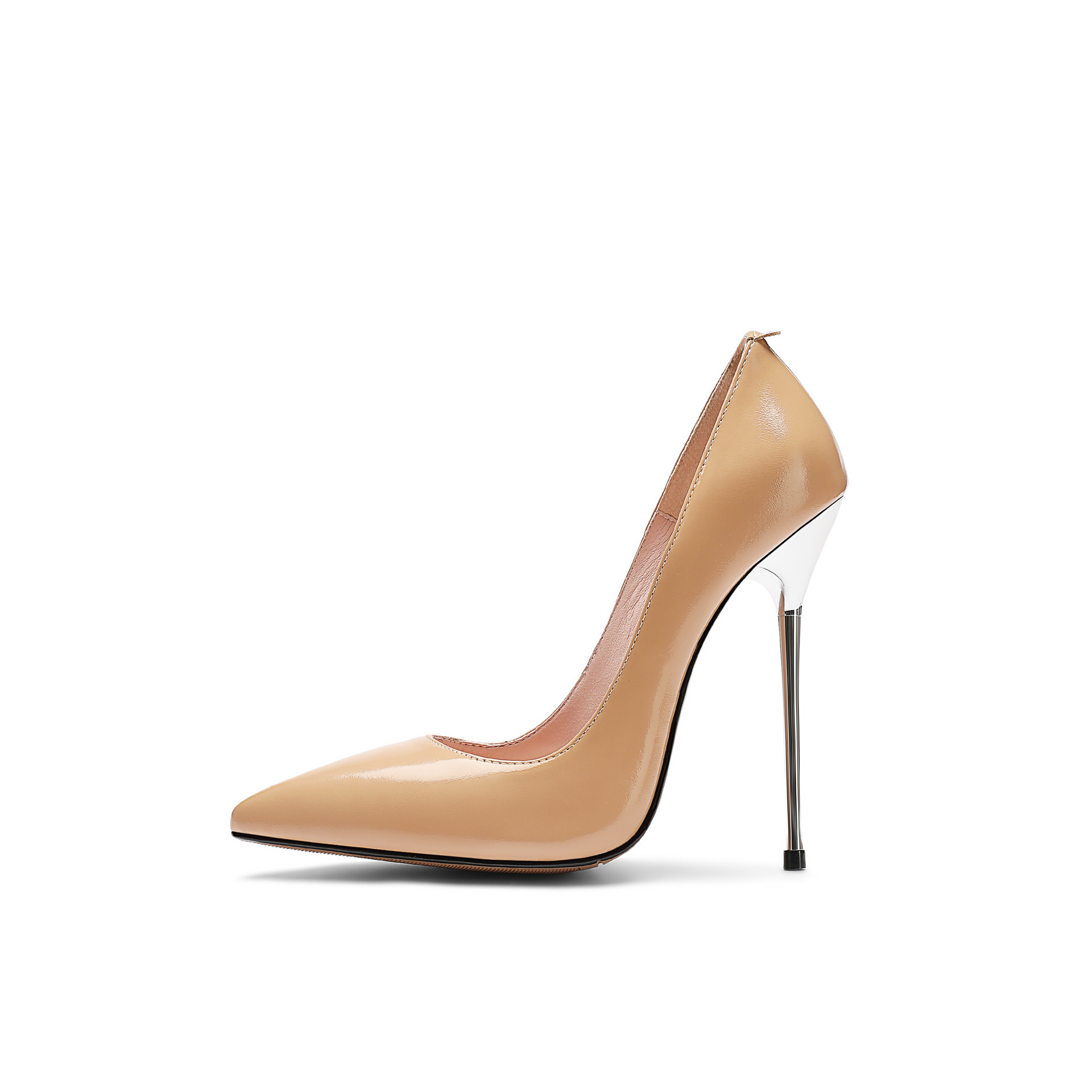 夏季新款尖头金属细跟高跟鞋漆皮女鞋杏色时装单鞋欧美风铁跟单鞋