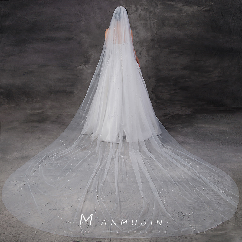 超仙新娘结婚头纱婚纱旅拍照头饰重工珍珠水钻高级感长款拖尾头纱