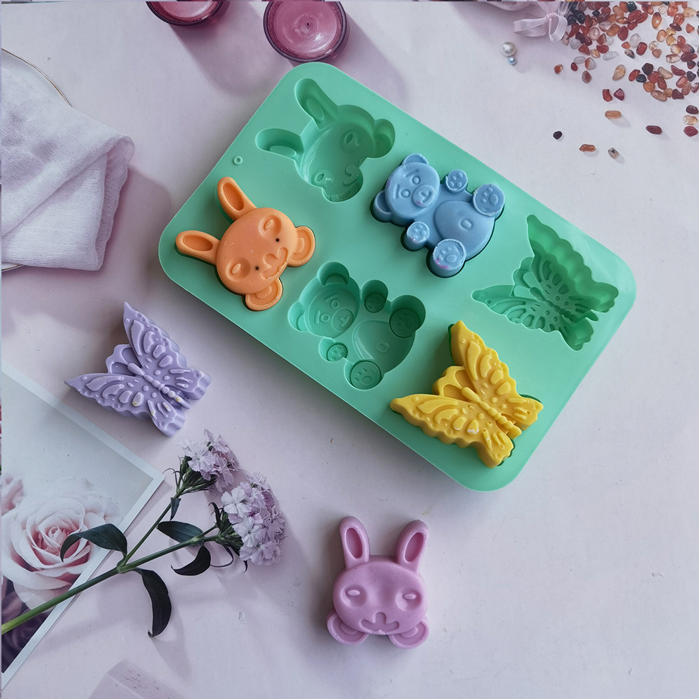 Silicone 6-Piece Bear and Rabbit Butterfly Cake Mold Mousse Cake Mold Aromatherapy Candle Mold Chocolate Mold Easily Removable Mold
