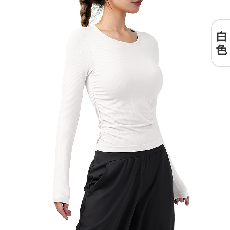 Autumn and Winter New Yoga Wear Long Sleeve Versatile Slimming Side Pleated Chest Pad Sports Top Pilates Workout Clothes