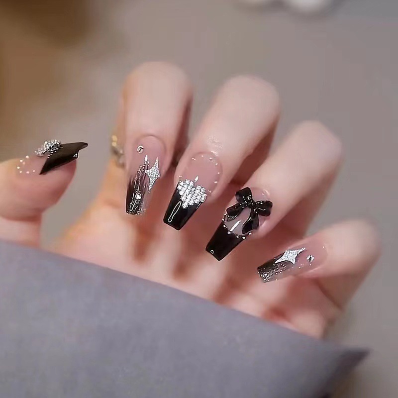 网红辣妹风穿戴甲暗黑甜酷爱心立体蝴蝶结长款假指甲美甲成品甲片