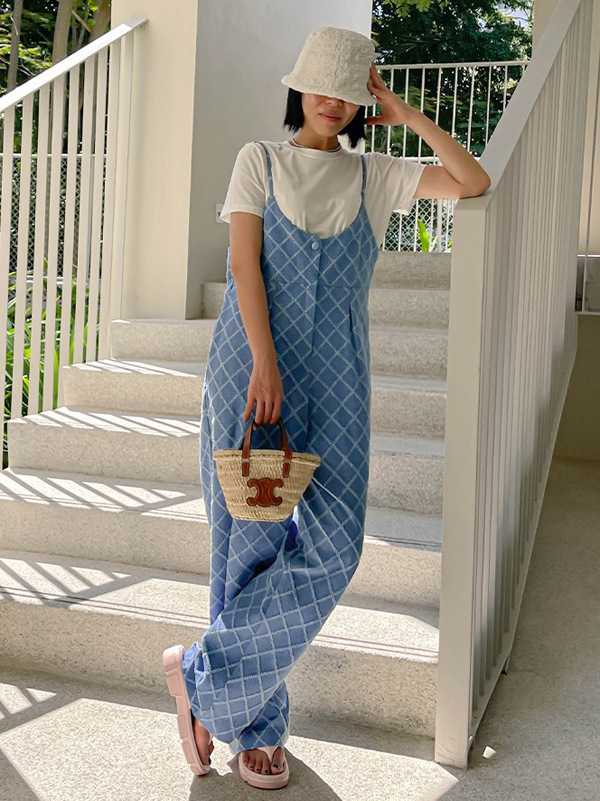 慵懒风 韩国chic宽松连衣裤 格纹提花高腰吊带长裤阔腿背带牛仔裤