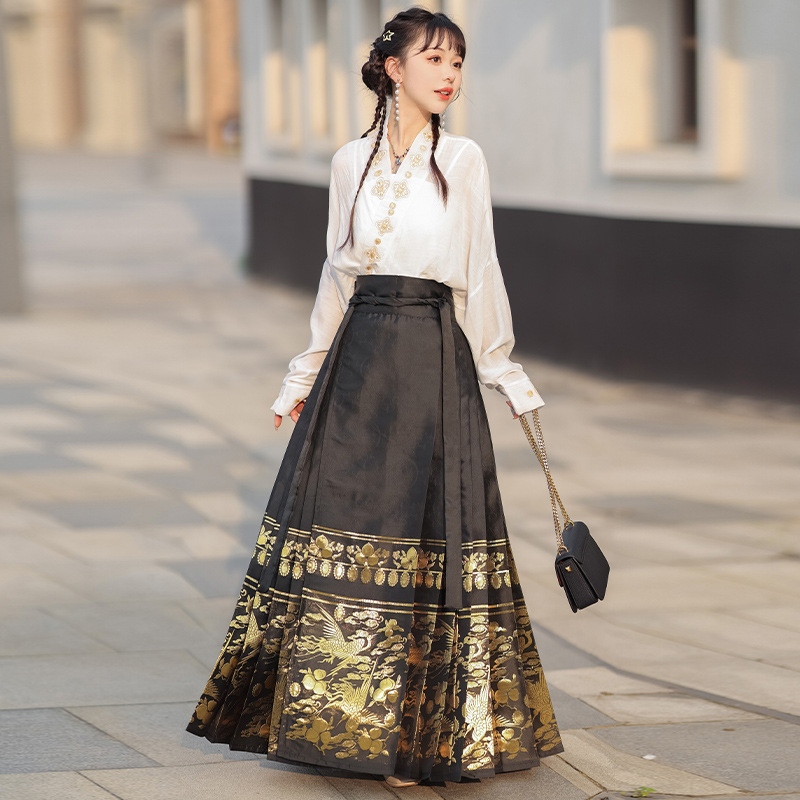 New Chinese Style Women's Clothing Ming Improved Hanfu Adult Black Horse-Face Skirt Suit Skirt 2023 New Summer