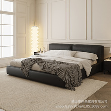 宜洛意式极简软包床双人床主卧轻奢真皮床现代简约大黑牛豆腐块床