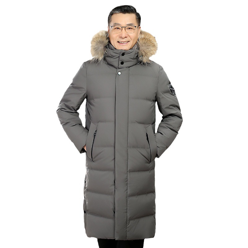 Dad Winter Clothes Middle-Aged and Elderly down Jacket Men's Overknee Long Thickened Cold Protection Fur Collar Hood Casual Parka Jacket