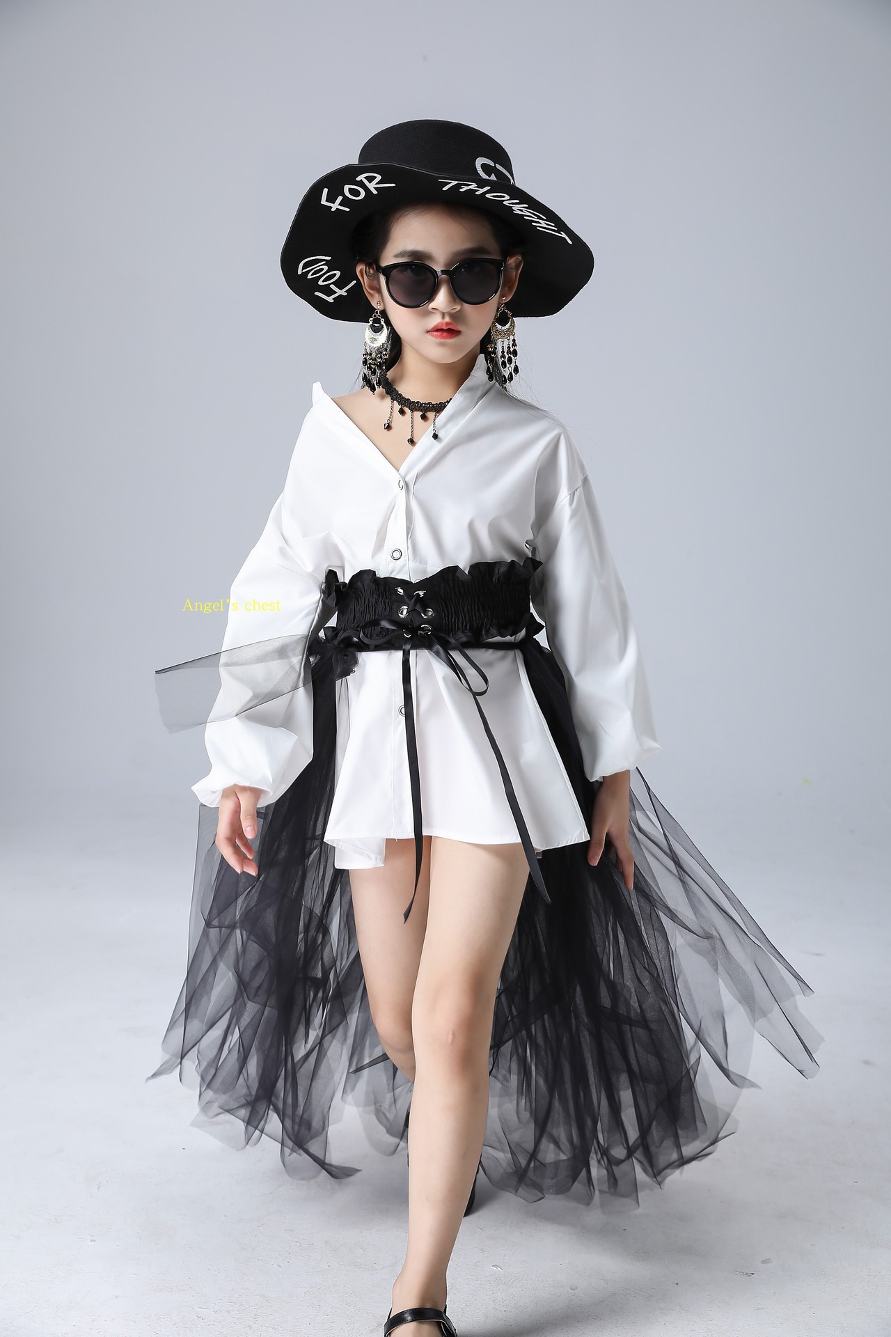 女童潮服露肩西装套装儿童走秀车模时尚个性演出服模特时装秀礼服