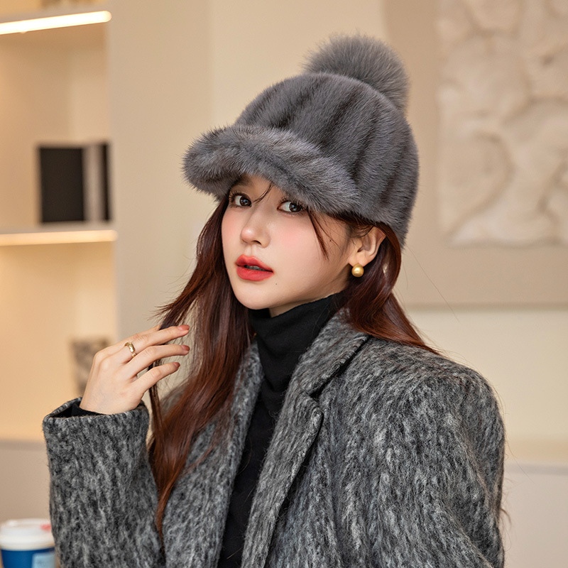 2023秋冬新款女水貂帽子时尚百搭出游逛街休闲带球保暖棒球帽