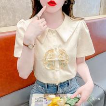 新中式国风刺绣盘扣衬衫女夏季时尚洋气设计感小众娃娃领短袖上衣