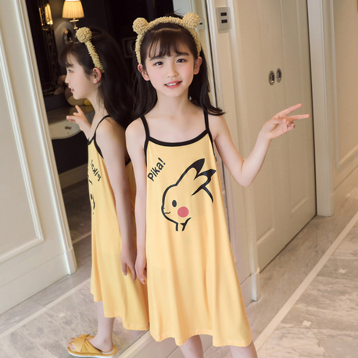 吊带夏季新款睡裙女童印花韩版莫代尔卡通裙可爱中长款薄款童裙子