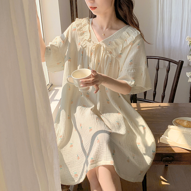 Women's Nightdress Summer Cotton Gauze Short Sleeve Sweet Princess Style Double-Layer Yarn Cotton Silk Summer Pajamas Skirts Homewear