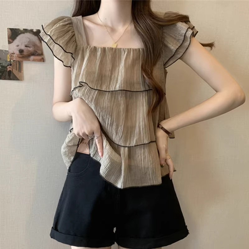 短袖雪纺衫女装夏季2024新款方领荷叶边娃娃衫短款别致小飞袖上衣