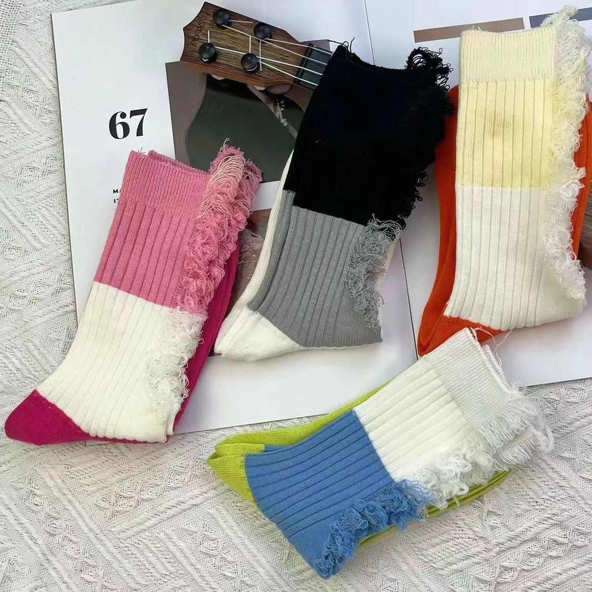 袜子女破洞袜网红爆款潮袜ins百搭长款糖果色撞色乞丐袜学生时尚