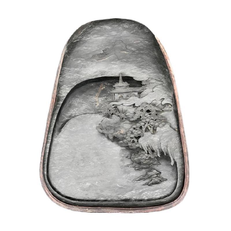 歙砚龙尾砚外庄坑眉纹金星山水砚婺源佳石砚楼之作品文房砚台端砚