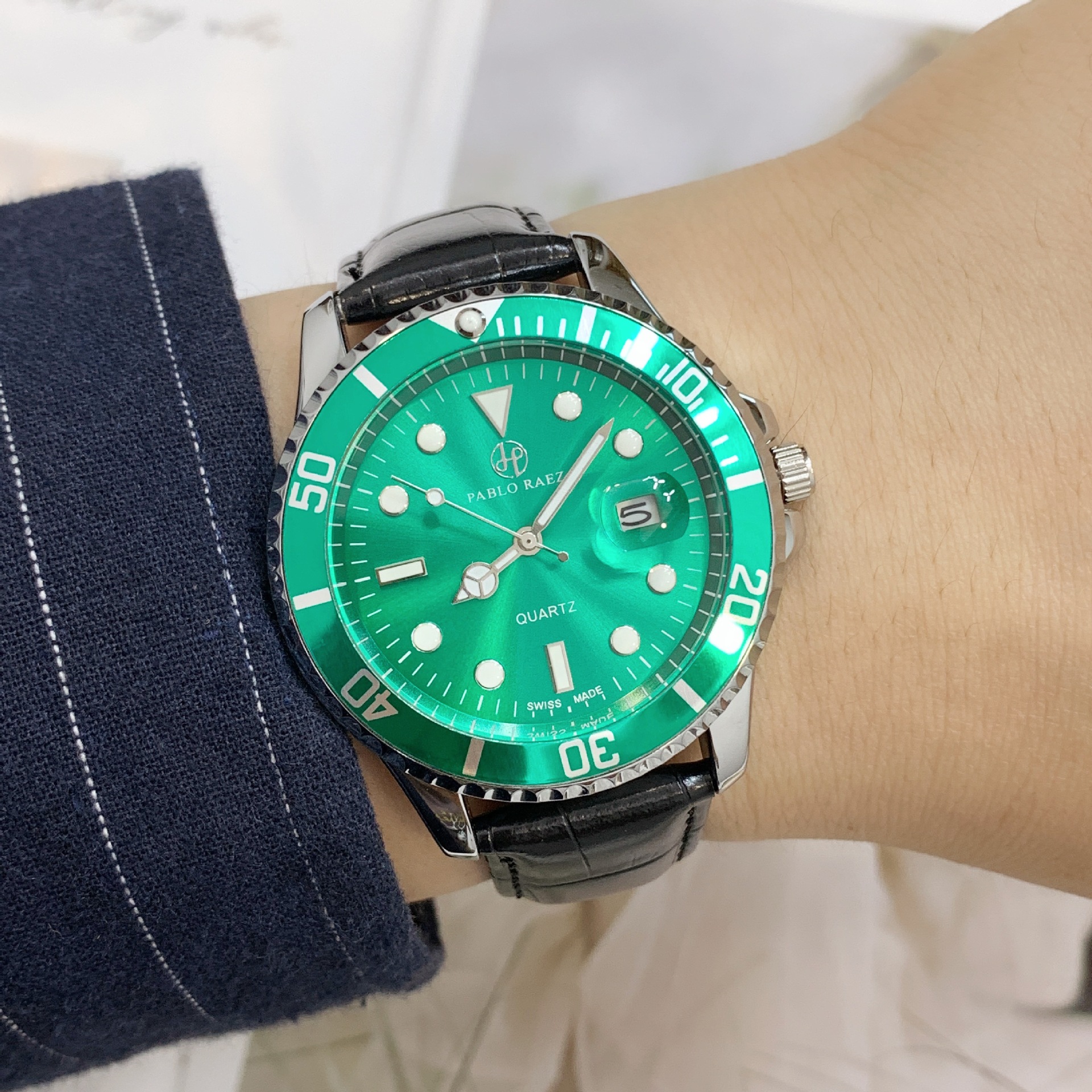 pablo raez黑绿表盘运动时尚夜光男士皮带腕表石英表休闲手表包邮