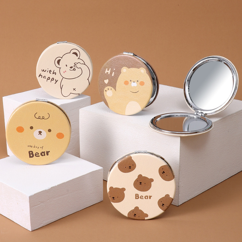 包包宝 卡通小圆镜pu皮圆形迷你化妆镜随身便携学生女折叠小镜子