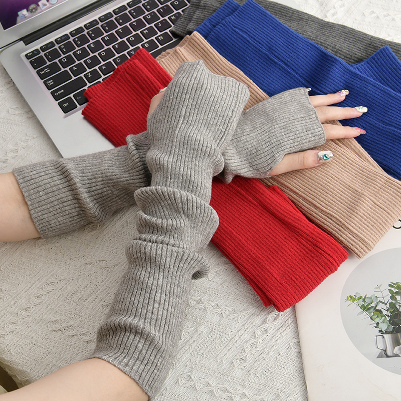 Korean Autumn and Winter New Half Finger Long Women's Arm Oversleeve Thermal Knitting Pile Style Sleeve Open Finger Dopamine Solid Color