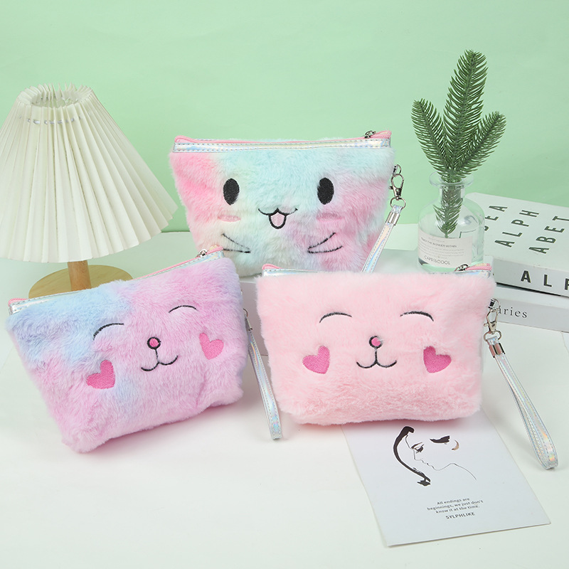 Cute Plush Embroidery Triangle Cosmetic Bag Storage Bag Multifunction Storage Bag Pencil Case Student Storage Stationery Case