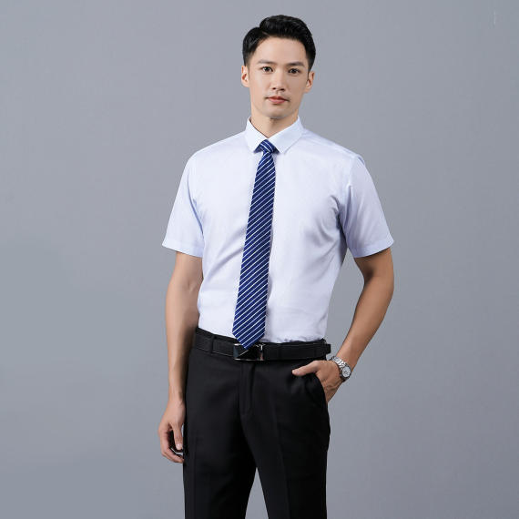 衬衫男士衬衫男女款纯棉短袖政府银行工作服蓝色条纹免烫衬衣厂家