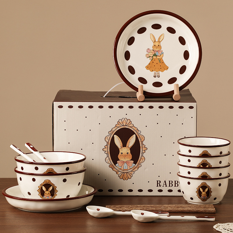 Creative Retro Ruiya Rabbit Bowl Dish Plate Chopsticks Suit Four-Person Food Ceramic Tableware Bank Real Estate Gift Bowl Set