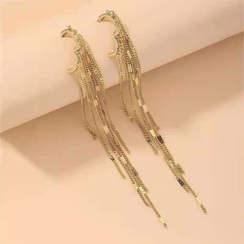 Sterling Silver Needle Retro Hong Kong Style Long Tassel Ear Clip Geometric Fashion Metal Personality Earrings