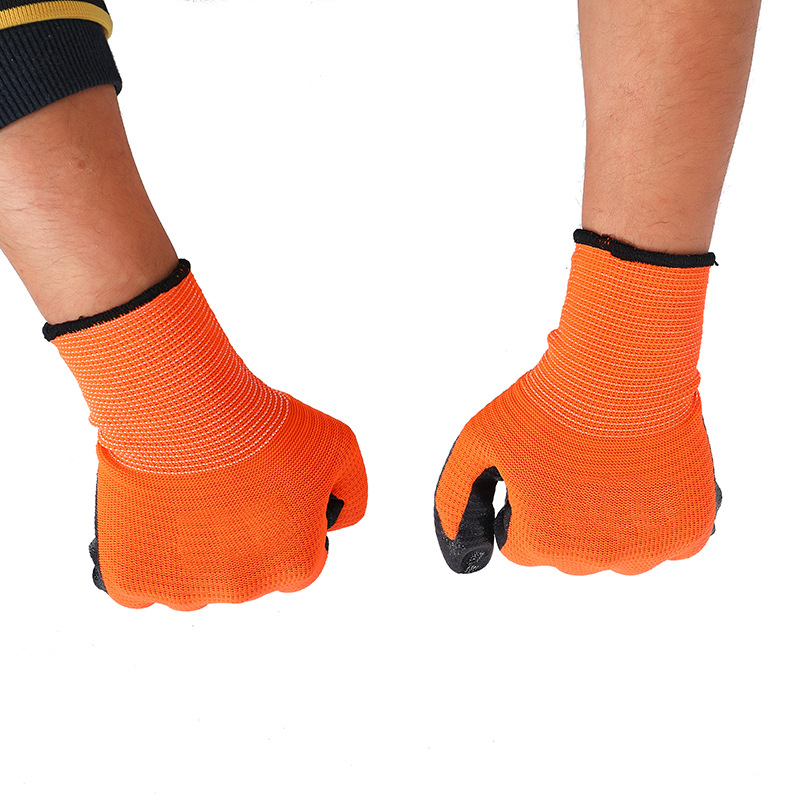 Nylon Dipped Nitrile Waterproof Oil-Resistant Orange Yarn Glove Non-Slip Wear-Resistant Work Nitrile Embossed Labor Protection Gloves Wholesale