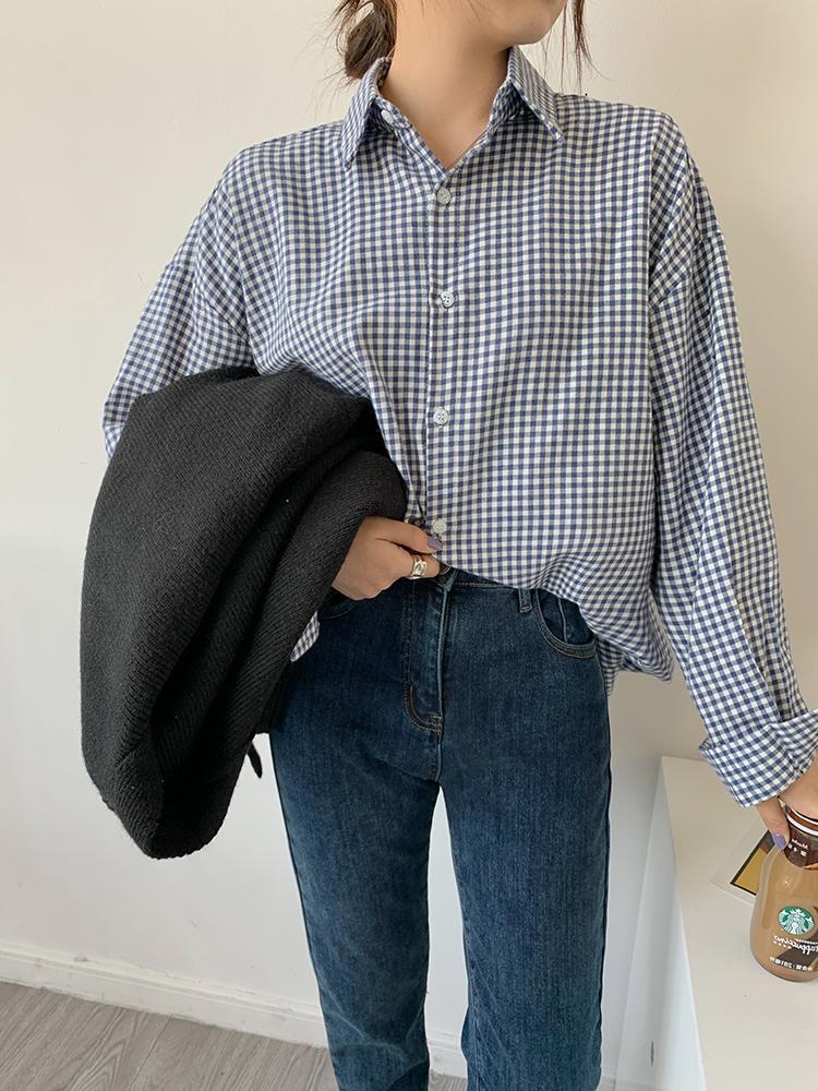 经典不落时早春格子衬衣宽松复古味道蓝白细格子翻领衬衫百搭