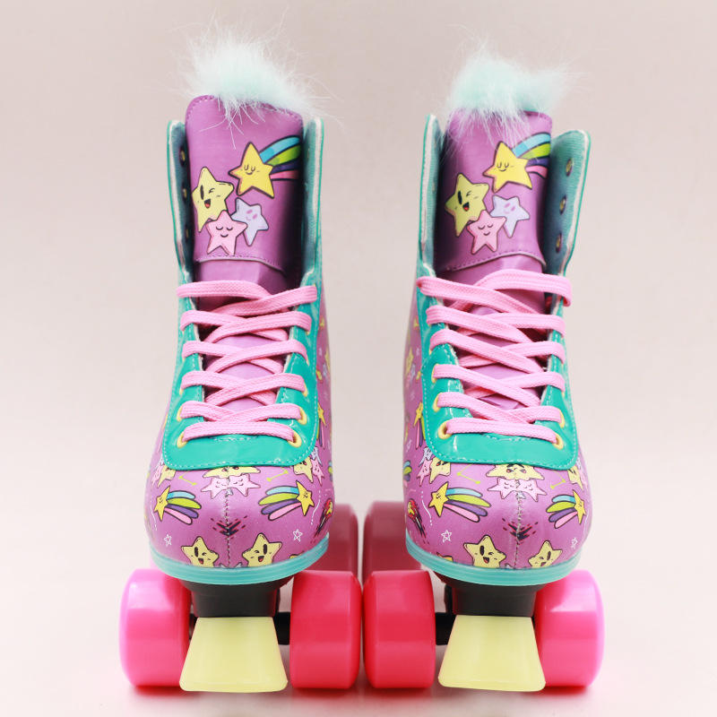 定制星星粉色双排溜冰鞋传统成人旱冰鞋pvc不闪光四轮旱冰鞋批发