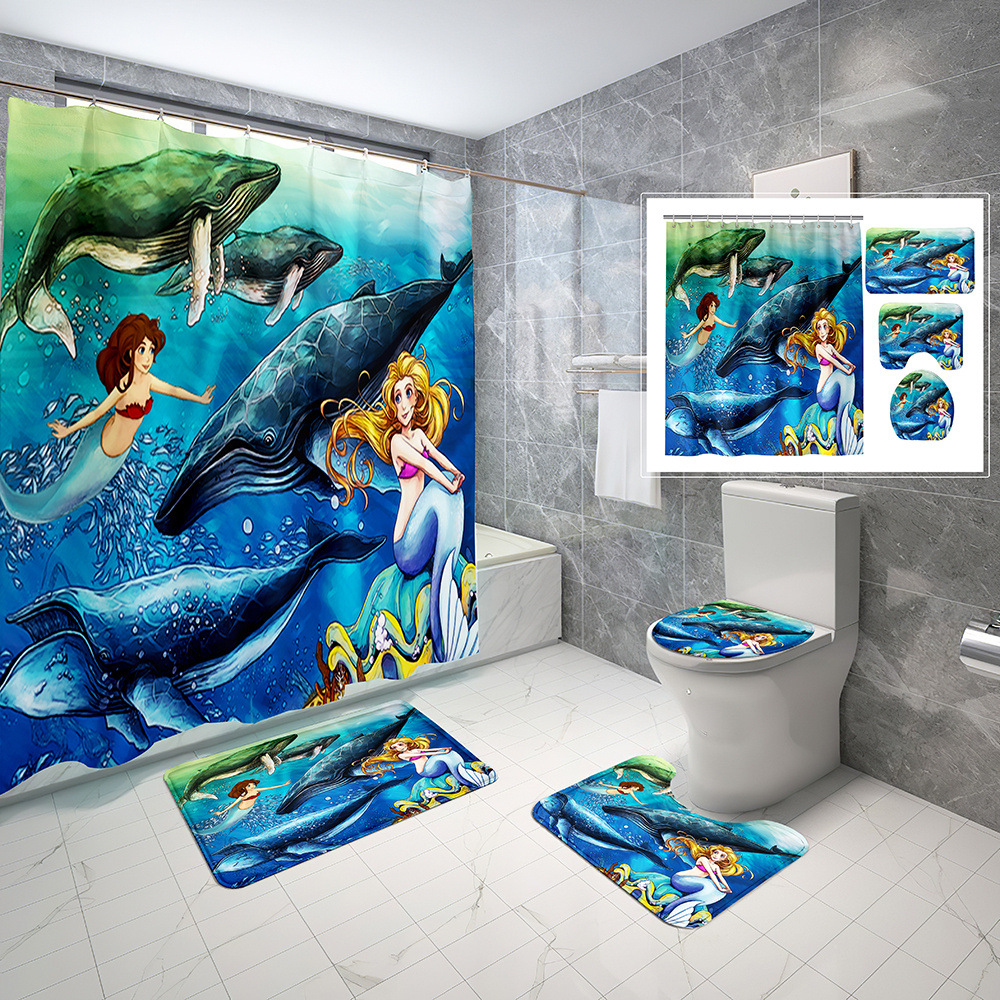 Ocean Mermaid Shower Curtain Four-Piece Set Amazon Cartoon Digital Printing Toilet Cover Mat Set One Piece Dropshipping