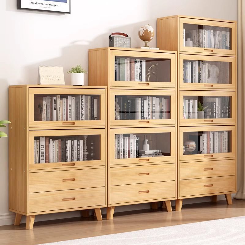 实木书柜上翻门书架置物架家用客厅防尘玻璃门多层落地儿童收纳柜