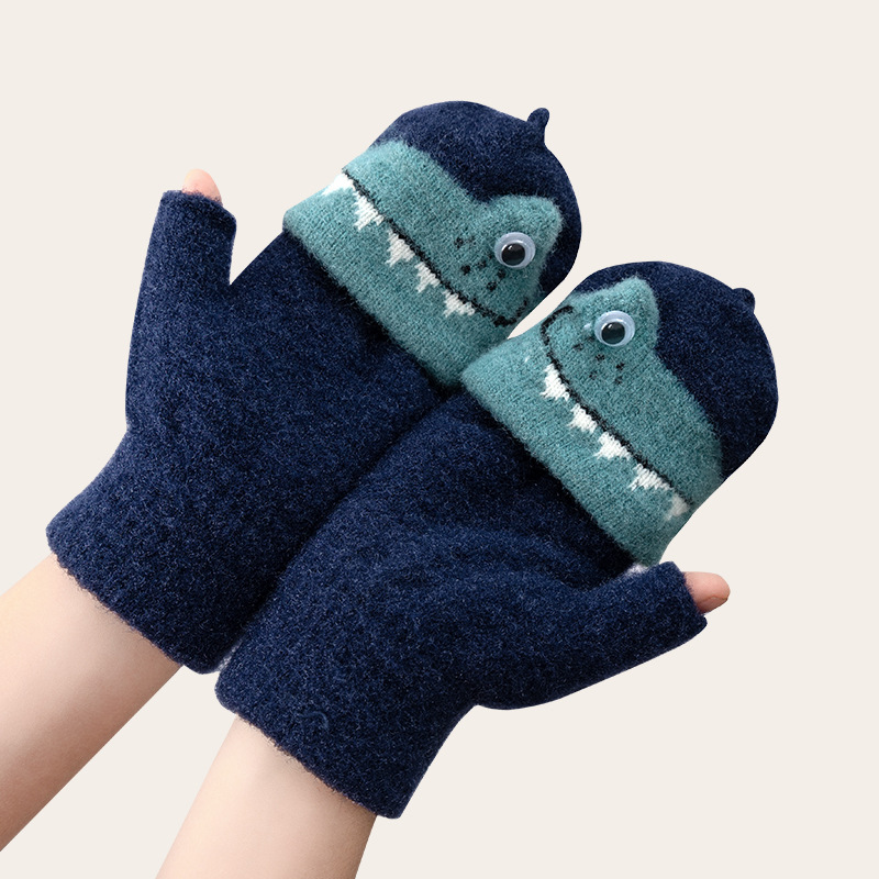 Children's Knitting Wool Gloves Autumn and Winter Cold-Proof Warm Flip Cartoon Cute Knitting Boys Fleece-lined Wholesale Primary School Students